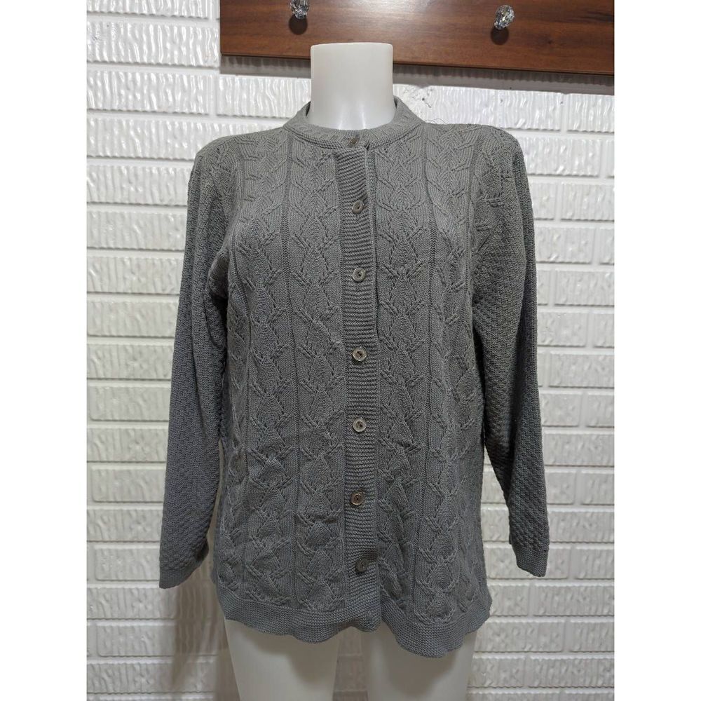 Haband Women's Gray Cable-Knit Button-Up Long-Sleeve Cardigan Large